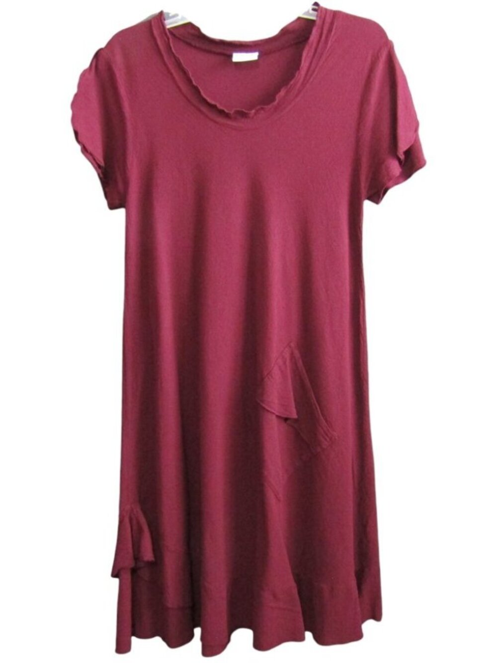 Oh My Gauze Burgundy Wine Casual Lettice Ruffle Dress Size S/M 1 Cotton Pocket